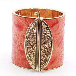 Fabrizio Giannone Designer Signed Orange Color Leather Gold Stone Clamp Bracelet